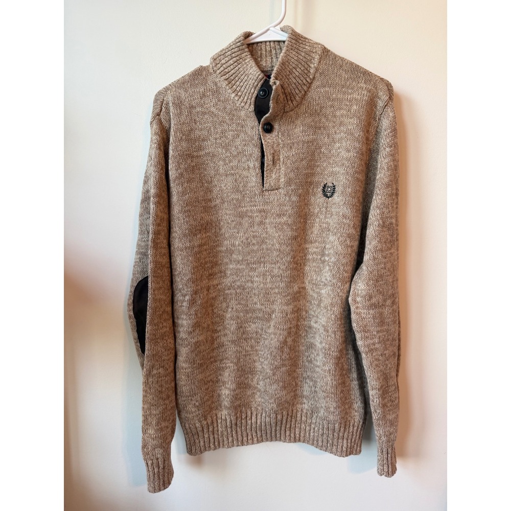 Chaps Mens Mock Neck Button Pullover Sweater Tan Marl Elbow Patches Medium